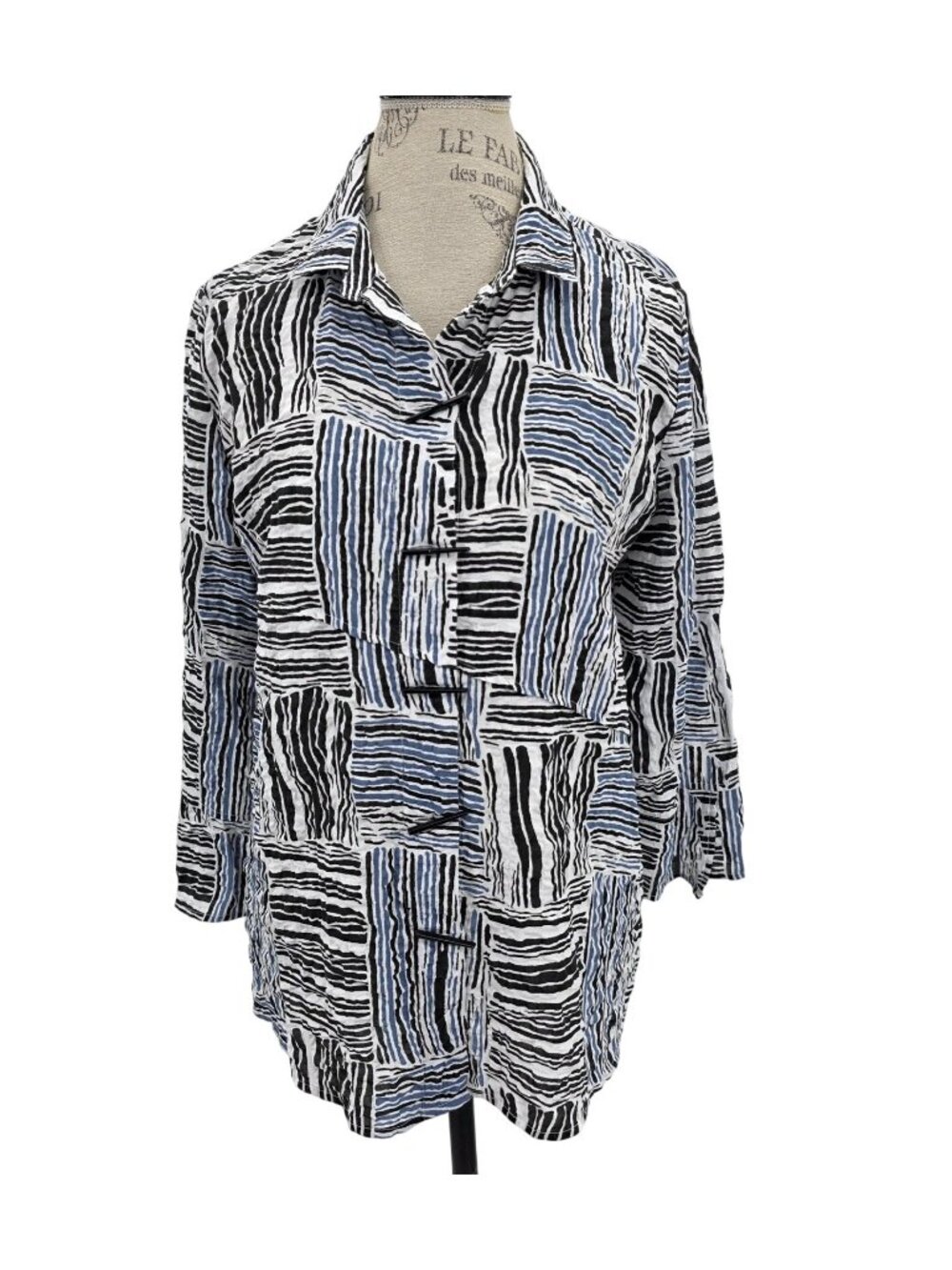 Habitat Tunic Top Women M Blue Stripe Crinkle Toggle Asymmetrical Boho Artsy
